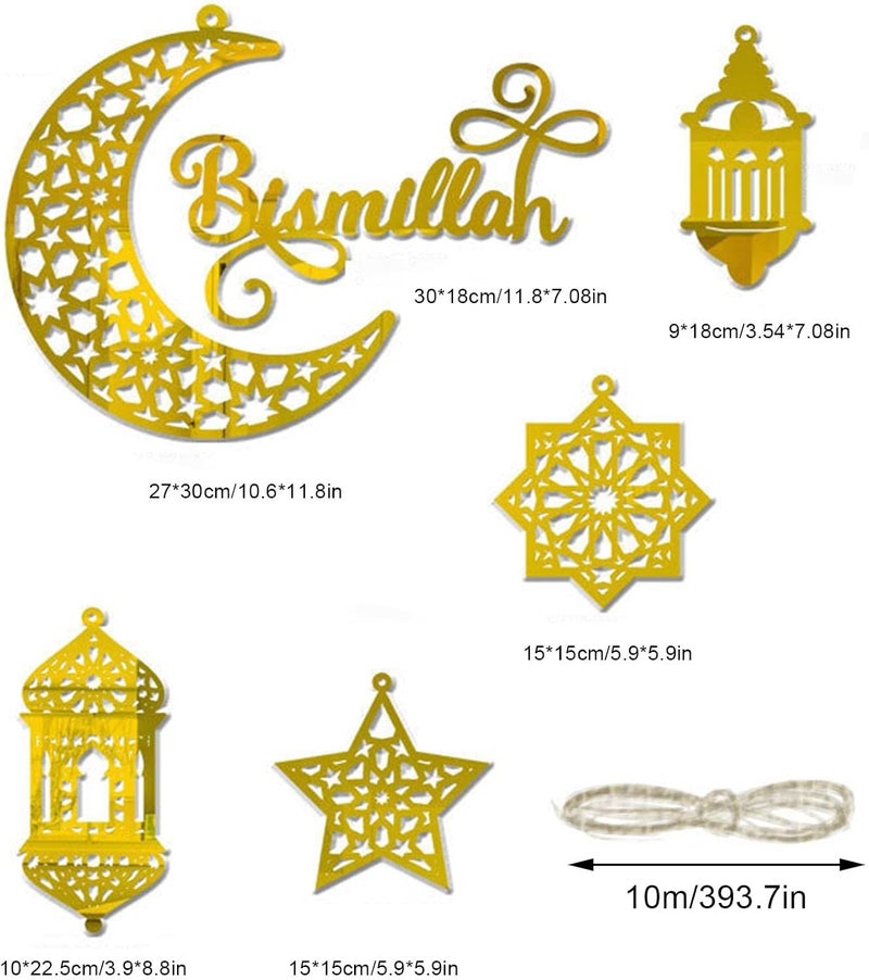 ويوبلز ٦ قطع من زينة عيد الفطر ورمضان المبارك، زينة معلقة من الأكريليك الذهبي على شكل هلال ونجمة، فوانيس، كرات زينة، قلادات لتزيين المنزل، رمضان مبارك، لوازم تزيين الجدران بنفسك - Image 5